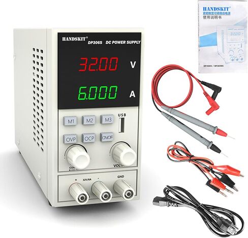 مصدر طاقة تيار مستمر، مصدر طاقة منضدي يدوي 32 فولت 6 أمبير، متغير قابل للتعديل، مزود طاقة منظم، شاشة LED رقمية OVP OCP مع سلك اختبار متعدد المقاييس، مشبك التمساح وسلك محول التوصيل in Kuwait