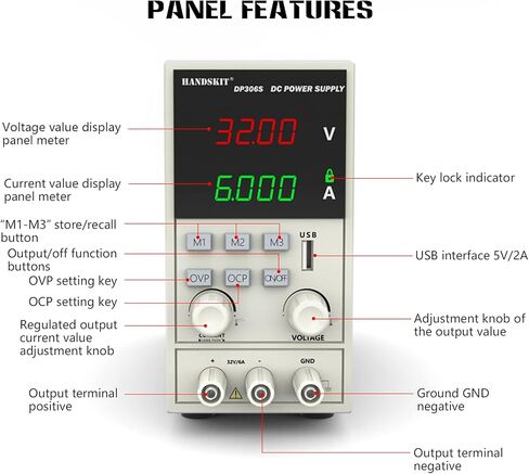 مصدر طاقة تيار مستمر، مصدر طاقة منضدي يدوي 32 فولت 6 أمبير، متغير قابل للتعديل، مزود طاقة منظم، شاشة LED رقمية OVP OCP مع سلك اختبار متعدد المقاييس، مشبك التمساح وسلك محول التوصيل in Kuwait