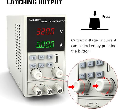 مصدر طاقة تيار مستمر، مصدر طاقة منضدي يدوي 32 فولت 6 أمبير، متغير قابل للتعديل، مزود طاقة منظم، شاشة LED رقمية OVP OCP مع سلك اختبار متعدد المقاييس، مشبك التمساح وسلك محول التوصيل in Kuwait