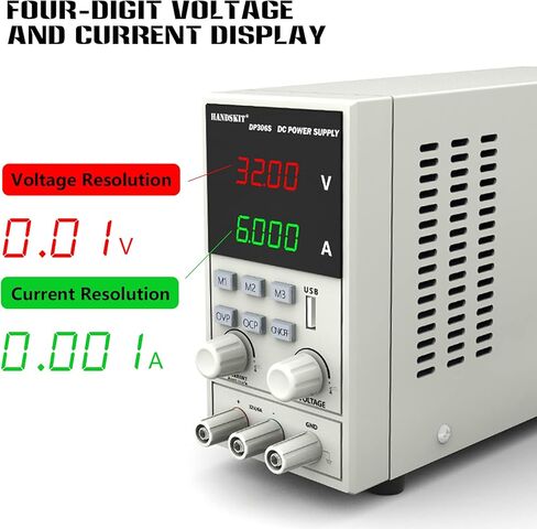 مصدر طاقة تيار مستمر، مصدر طاقة منضدي يدوي 32 فولت 6 أمبير، متغير قابل للتعديل، مزود طاقة منظم، شاشة LED رقمية OVP OCP مع سلك اختبار متعدد المقاييس، مشبك التمساح وسلك محول التوصيل in Kuwait