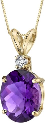 PEORA 14K Yellow Gold Amethyst and Diamond Pendant for Women, Genuine Gemstone Birthstone Elegant Solitaire, Oval Shape, 10x8mm, 2 Carats total in Saudi Arabia