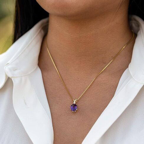 PEORA 14K Yellow Gold Amethyst and Diamond Pendant for Women, Genuine Gemstone Birthstone Elegant Solitaire, Oval Shape, 10x8mm, 2 Carats total in Saudi Arabia