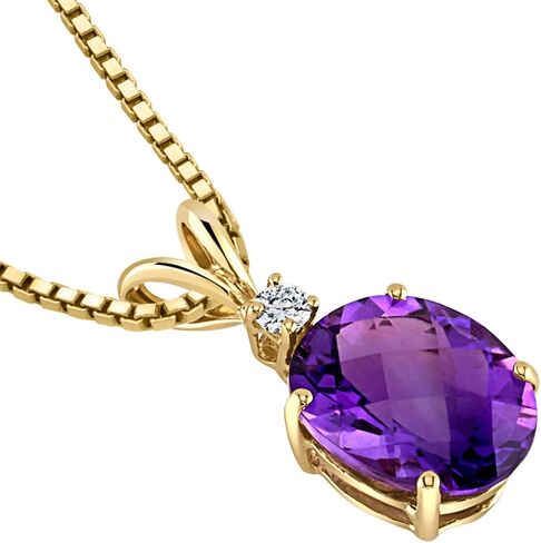 PEORA 14K Yellow Gold Amethyst and Diamond Pendant for Women, Genuine Gemstone Birthstone Elegant Solitaire, Oval Shape, 10x8mm, 2 Carats total in Saudi Arabia