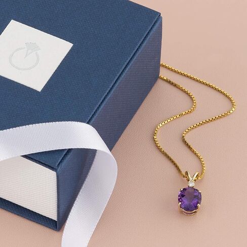 PEORA 14K Yellow Gold Amethyst and Diamond Pendant for Women, Genuine Gemstone Birthstone Elegant Solitaire, Oval Shape, 10x8mm, 2 Carats total in Saudi Arabia