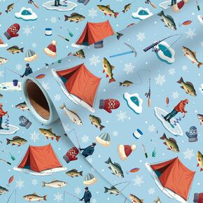 Pineraap Fishing Wrapping Paper Roll - 17 Inch x 16.4 Feet - Winter Ice Fishing Gift Wrap for Boys Men Birthday Holiday Father's Day New Year Gift Packing DIY Crafts in Kuwait