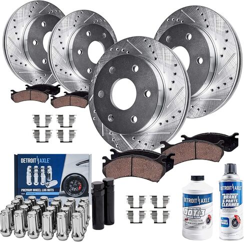 محور ديترويت - طقم فرامل لسيارة Chevy Traverse GMC Acadia Buick Enclave Outlook الأمامية والخلفية المحفورة والمشقوقة دوارات فرامل قرصية بديلة وسادات فرامل سيراميك 24 قطعة من صواميل العروة in Saudi Arabia