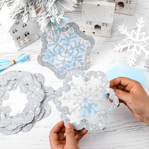 Epakh 24 Sets Snowflakes Crafts Kit Winter Snowflakes Tissue Paper Crafts Kit Christmas Decorations Make Your Own Xmas Tree Hanging Ornament for Holiday Party DIY Home Activities(Glitter Blue) in Saudi Arabia