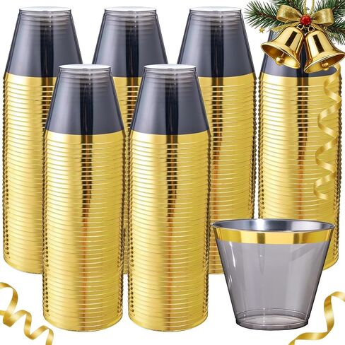Superrnal 100pcs Gold and Black Plastic Cups 9OZ Elegant Gold Rimmed Plastic Cups Clear Party Cups Fancy Disposable Wedding Cups for Family Gatherings, Afternoon Tea, Parties in Saudi Arabia