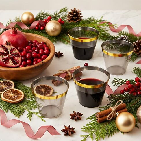 Superrnal 100pcs Gold and Black Plastic Cups 9OZ Elegant Gold Rimmed Plastic Cups Clear Party Cups Fancy Disposable Wedding Cups for Family Gatherings, Afternoon Tea, Parties in Saudi Arabia