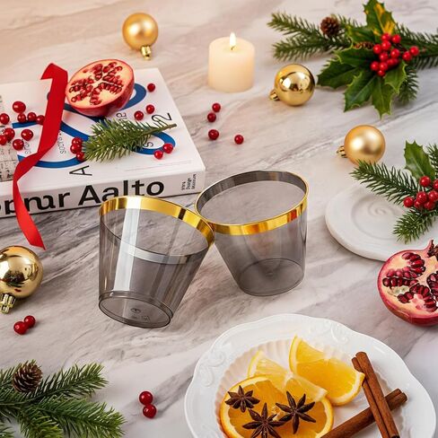 Superrnal 100pcs Gold and Black Plastic Cups 9OZ Elegant Gold Rimmed Plastic Cups Clear Party Cups Fancy Disposable Wedding Cups for Family Gatherings, Afternoon Tea, Parties in Saudi Arabia