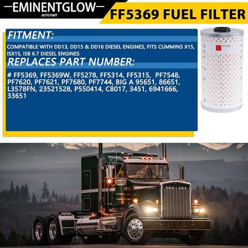 فلتر الوقود FF5369 متوافق مع DD13، DD15، DD16، X15، ISX15، ISB 6.7 محركات الديزل المناسبة لـ Freightliner Cascadia يستبدل FF5369W PF7620،PF7621،PF7680،PF7744،P550414،P550463 L3578FN FF5369W مجموعة من 6 in Saudi Arabia