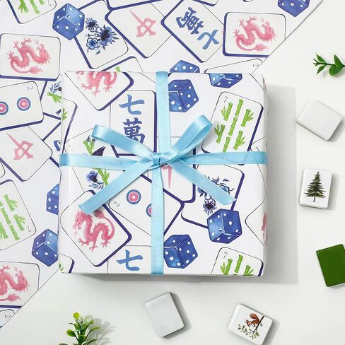 FYSUIMU 6 Sheets Mahjong Wrapping Paper - Not Roll - Watercolor Blue Mahjong Dice Gift Wrap Paper Folded Flat for Birthday Game Night DIY Crafts, 19.7 x 27.6 Inch in Saudi Arabia