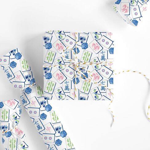 FYSUIMU 6 Sheets Mahjong Wrapping Paper - Not Roll - Watercolor Blue Mahjong Dice Gift Wrap Paper Folded Flat for Birthday Game Night DIY Crafts, 19.7 x 27.6 Inch in Saudi Arabia