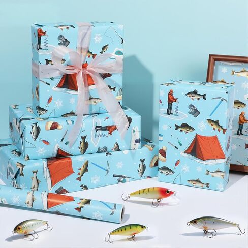 Pineraap Fishing Wrapping Paper Roll - 17 Inch x 16.4 Feet - Winter Ice Fishing Gift Wrap for Boys Men Birthday Holiday Father's Day New Year Gift Packing DIY Crafts in Kuwait