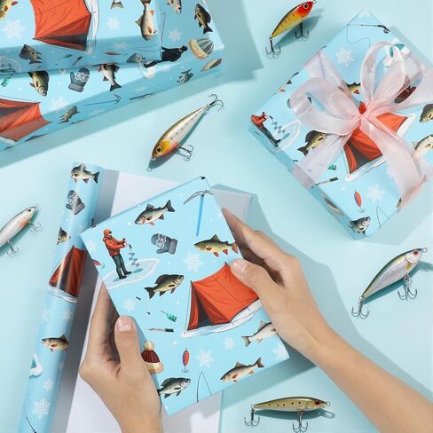 Pineraap Fishing Wrapping Paper Roll - 17 Inch x 16.4 Feet - Winter Ice Fishing Gift Wrap for Boys Men Birthday Holiday Father's Day New Year Gift Packing DIY Crafts in Kuwait