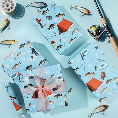 Pineraap Fishing Wrapping Paper Roll - 17 Inch x 16.4 Feet - Winter Ice Fishing Gift Wrap for Boys Men Birthday Holiday Father's Day New Year Gift Packing DIY Crafts in Kuwait