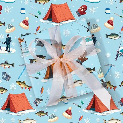 Pineraap Fishing Wrapping Paper Roll - 17 Inch x 16.4 Feet - Winter Ice Fishing Gift Wrap for Boys Men Birthday Holiday Father's Day New Year Gift Packing DIY Crafts in Kuwait