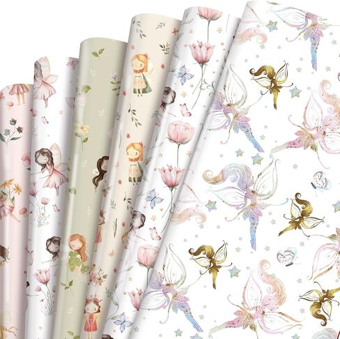 TAKEALOOKO Fairytale Fairy Wrapping Paper - 12 Pcs Woodland Fairygirls Fantasy Gift Wrap for Girls Birthday & Baby Shower Party DIY Crafts, Fairy Princess Theme Present Wrapping Sheets in Saudi Arabia