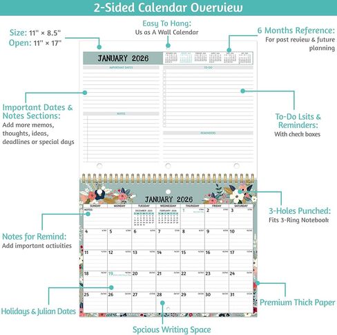 2026 Calendar - 2026 Wall Calendar, 11 x 8.5 In, Jan 2026 - Dec 2026, Small Monthly Calendar 2026, 3-Hole Punched Binder Calendar with Memo Pages, Ruled Blocks, Thick Paper, Holidays, To-dos ＆ Notes in Saudi Arabia