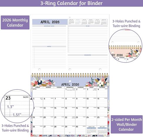 2026 Calendar - 2026 Wall Calendar, 11 x 8.5 In, Jan 2026 - Dec 2026, Small Monthly Calendar 2026, 3-Hole Punched Binder Calendar with Memo Pages, Ruled Blocks, Thick Paper, Holidays, To-dos ＆ Notes in Saudi Arabia