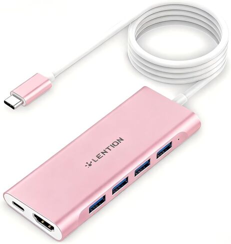 LENTION 3.3FT Long Cable USB C Multiport Hub with 4K HDMI, 4 USB 3.0, Type C Charging Compatible 2023-2016 MacBook Pro, New Mac Air/iMac/Mac Mini, More, Stable Driver Adapter (C35-1M, Rose Gold) in Saudi Arabia