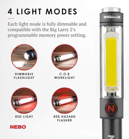 NEBO BIG LARRY 2 Battery Powered Aluminum Work Light 500 Lumens, Pocket Clip Magnetic Base for Hands-Free Lighting Portable COB LED Dimmable FlashlightHazard Light-Red in Saudi Arabia