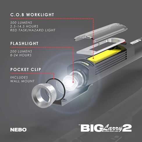 NEBO BIG LARRY 2 Battery Powered Aluminum Work Light 500 Lumens, Pocket Clip Magnetic Base for Hands-Free Lighting Portable COB LED Dimmable FlashlightHazard Light-Red in Saudi Arabia