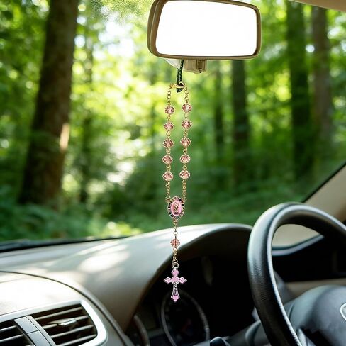 سحر مسبحة عجلة القيادة، قلادة صليب كاثوليكي ديكور ملحق لمرآة السيارة معلقة مع سحر مريم العذراء الصغير والصليب، إكسسوارات دينية كاثوليكية مثالية كهدية متدينة in Saudi Arabia