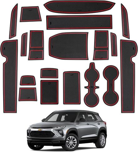 حصائر فتحة الباب لملحقات 2021-2026 Chevy Trailblazer (LS/LT/Activ/RS) - 19 قطعة حامل أكواب مضاد للانزلاق وبطانات وحدة التحكم المركزية وسجادات جيب الباب (زخرفة حمراء) in Kuwait