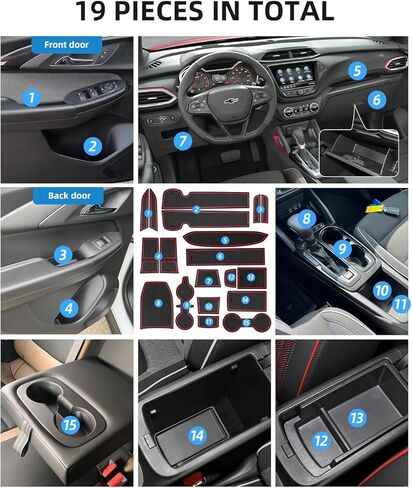 حصائر فتحة الباب لملحقات 2021-2026 Chevy Trailblazer (LS/LT/Activ/RS) - 19 قطعة حامل أكواب مضاد للانزلاق وبطانات وحدة التحكم المركزية وسجادات جيب الباب (زخرفة حمراء) in Kuwait