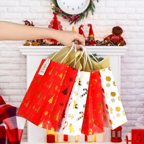 CCINEE 12 عبوة من أكياس هدايا عيد الميلاد مع مناديل ورقية، حقيبة هدايا ورقية لعيد الميلاد مجمعة للهدايا، أكياس هدايا عيد الميلاد الذهبية اللامعة مع علامات لتغليف هدايا حفلات العطلات in Saudi Arabia