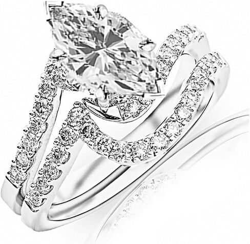 14K White Gold 1.5 Carat LAB GROWN DIAMOND Curving Pave & Prong-set Round Marquise Cut Diamond Engagement Ring and Wedding Band Set (D-E Color VS1-VS2 Clarity 0.75 Ct Center) in Saudi Arabia