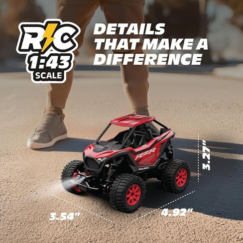 سيارة التحكم عن بعد/UTV، مقدمة ثنائية الدفع إلى Hobby RC Polaris RZR - مقياس 1:43، 2.4 جيجا هرتز - أحمر - جهاز تحكم عن بعد بوظيفة الزناد، صندوق القفز والبطاريات متضمنة، هدية رائعة in Kuwait