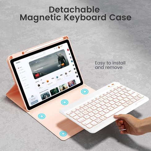 Keyboard Case for iPad Air-2 9.7 Inch 2014, 7-Color Backlit Detachable Wireless with Pencil Holder, Stand Folio Cover for 6th 5th Generation 2018/2017, Pink in Saudi Arabia