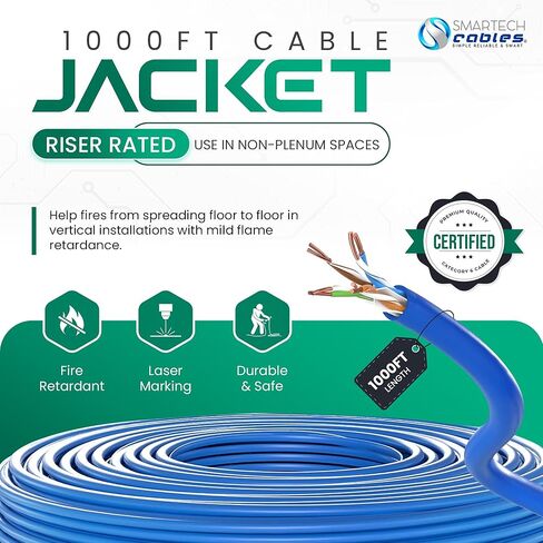 SmarTech Cables Cat 6 Cable 1000ft (Riser) - UTP 4 Pair Solid Conductor, Easy to Install Cat6 Riser 1000ft, High Speed 10 Gbps, 23 AWG Cat6 1000ft Ethernet Cable, Certified Bulk Cat6 Cable 1000ft in Kuwait