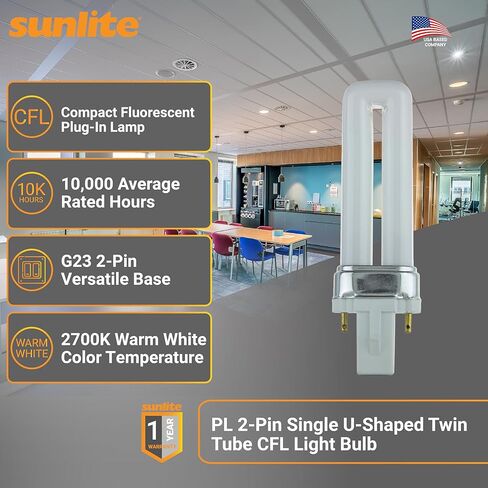 مصباح فلورسنت مدمج على شكل حرف U من Sunlite 40501 PL7/SP41K، 7 واط، 360 لومن، 4100 كلفن أبيض بارد، قاعدة ثنائية (G23)، 10 عبوات in Saudi Arabia