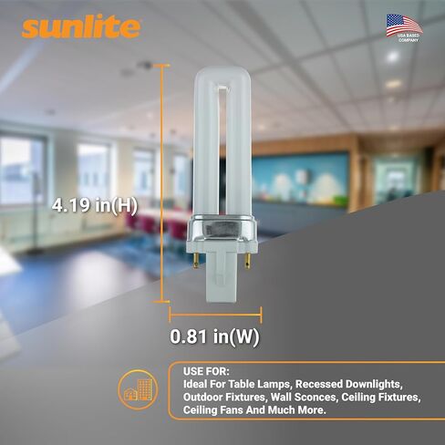 مصباح فلورسنت مدمج على شكل حرف U من Sunlite 40501 PL7/SP41K، 7 واط، 360 لومن، 4100 كلفن أبيض بارد، قاعدة ثنائية (G23)، 10 عبوات in Saudi Arabia