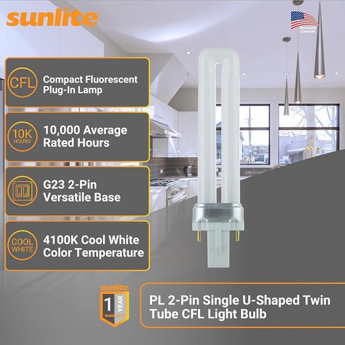 مصباح فلورسنت مدمج على شكل حرف U من Sunlite 40501 PL7/SP41K، 7 واط، 360 لومن، 4100 كلفن أبيض بارد، قاعدة ثنائية (G23)، 10 عبوات in Saudi Arabia