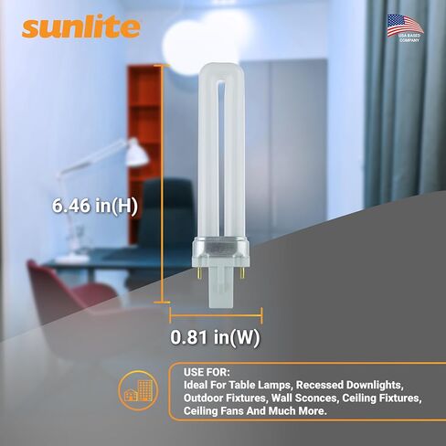 مصباح فلورسنت مدمج على شكل حرف U من Sunlite 40501 PL7/SP41K، 7 واط، 360 لومن، 4100 كلفن أبيض بارد، قاعدة ثنائية (G23)، 10 عبوات in Saudi Arabia