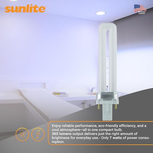 مصباح فلورسنت مدمج على شكل حرف U من Sunlite 40501 PL7/SP41K، 7 واط، 360 لومن، 4100 كلفن أبيض بارد، قاعدة ثنائية (G23)، 10 عبوات in Saudi Arabia