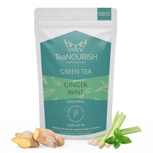 TeaNOURISH Ginger Mint Green Tea | Relaxing & Calming | Premium Darjeeling Loose Leaf | Immune Support Tea for Daily Wellness | 50 Cups Hot Tea or Iced Tea - 3.53oz/100g in Saudi Arabia
