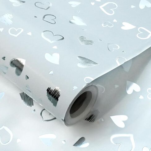 Tmsek White Wrapping Paper - 16.9 Inch X 16.5 Feet - Silver Heart Gifts Wrap Roll for Wedding, Bridal Shower, Birthday, Anniversaries, Holiday, Valentines, Christmas, Mothers Day (5M) in Saudi Arabia