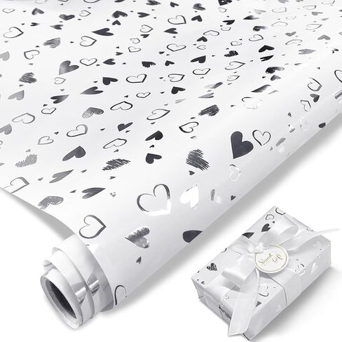 Tmsek White Wrapping Paper - 16.9 Inch X 16.5 Feet - Silver Heart Gifts Wrap Roll for Wedding, Bridal Shower, Birthday, Anniversaries, Holiday, Valentines, Christmas, Mothers Day (5M) in Saudi Arabia