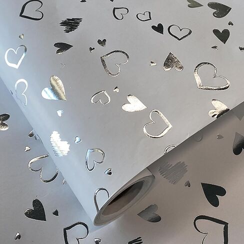 Tmsek White Wrapping Paper - 16.9 Inch X 16.5 Feet - Silver Heart Gifts Wrap Roll for Wedding, Bridal Shower, Birthday, Anniversaries, Holiday, Valentines, Christmas, Mothers Day (5M) in Saudi Arabia