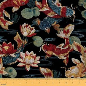 Feelyou Oriental Chinese Fabric by The Yard, Classic Embroidery Theme Upholstery Fabric for Chairs and Home DIY Projects, Koi Fish and Water Lily Decorative Waterproof Fabric, 1 Yard in Saudi Arabia