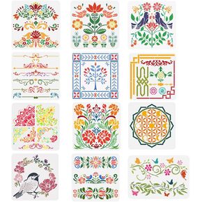 BENECREAT 12 Styles Folk Decorative Painting Stencil Templates, Floral Bird Pattern Scandinavian Style Reusable Drawing Stencils for DIY Art Craft Wall Canvas Furniture Home Decor in Saudi Arabia