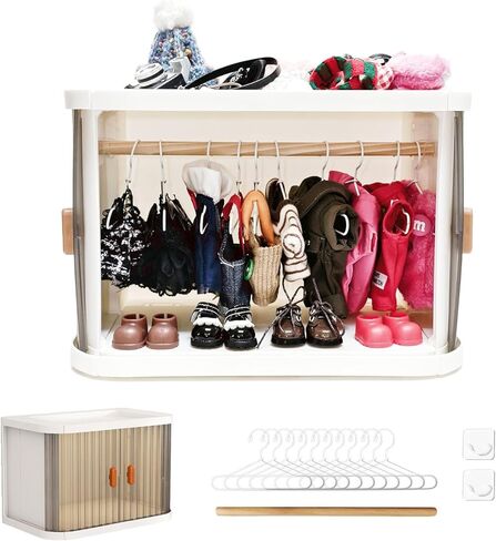 Stackable Doll Closet Wardrobe for Labubu Dolls, Foldable Storage Organizer with Sliding Doors for 17cm 15cm Dolls Includes 10 Metal Hangers & Wooden Rod in Saudi Arabia