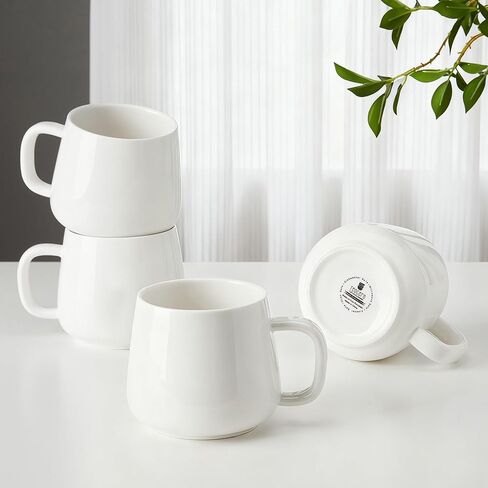 Teocera Porcelain Coffee Mugs Set of 4-12 Ounce Cups with Handle for Hot or Cold Drinks like Cocoa, Milk, Tea or Water - Smooth Ceramic with Modern Design, White in Saudi Arabia