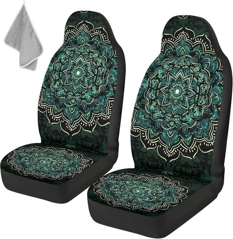 الأخضر ماندالا مقعد السيارة يغطي بوهو نمط Highback دلو غطاء مقعد السيارة حماة مقعد للنساء، 2PCS اكسسوارات السيارات الداخلية in Kuwait