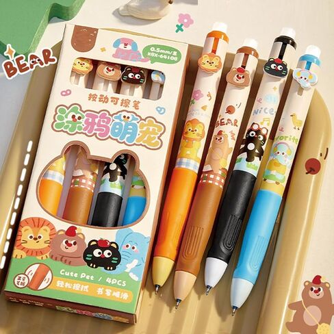 4 Pcs Cute Erasable Gel Ink Pens Retractable Pens Cartoon Animal Pen 0.5mm Black Ink Smooth Writing Pen for Women Girls Boys Office School Supplies (Animal-Black Ink) in Saudi Arabia